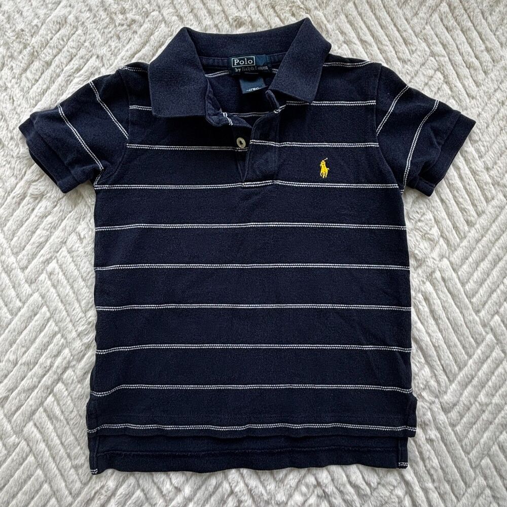 Polo Ralph Lauren Boys Size 4 Navy Striped Polo Shirt Yellow Logo Cotton